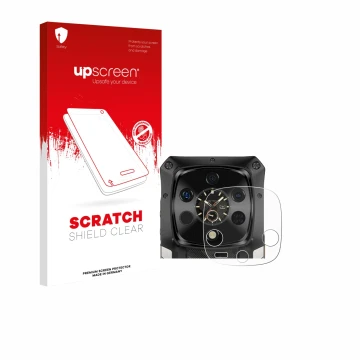 Parte frontal de un envase de producto con el logotipo de la marca upscreen. Al lado se muestra el dispositivo Ulefone Armor 2