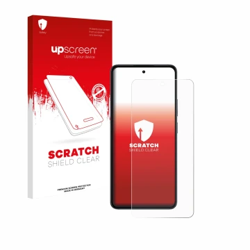 Parte frontal de un envase de producto con el logotipo de la marca upscreen. Al lado se muestra el dispositivo realme 14 con s