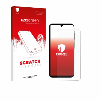 Parte frontal de un envase de producto con el logotipo de la marca upscreen. Al lado se muestra el dispositivo Samsung Galaxy 