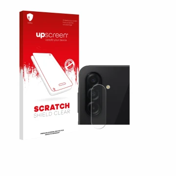 Parte frontal de un envase de producto con el logotipo de la marca upscreen. Al lado se muestra el dispositivo Samsung Galaxy 
