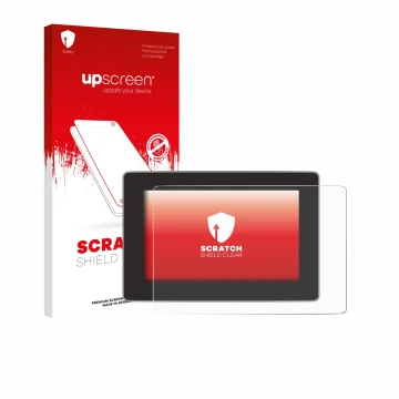 Parte frontal de un envase de producto con el logotipo de la marca upscreen. Al lado se muestra el dispositivo Tesla Model Y J