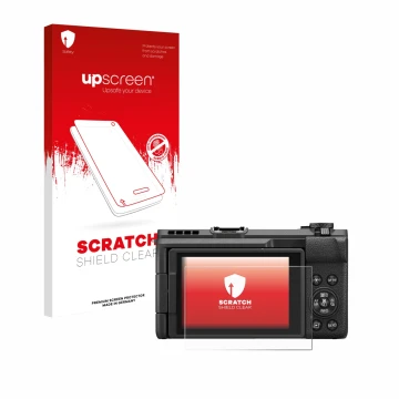 Parte frontal de un envase de producto con el logotipo de la marca upscreen. Al lado se muestra el dispositivo Canon PowerShot