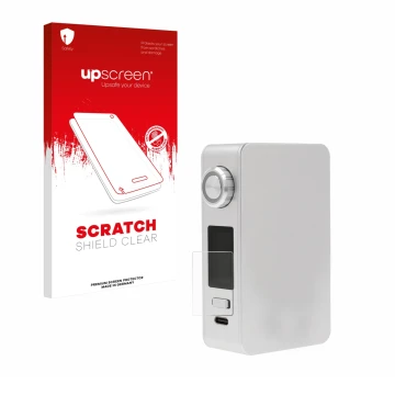 Parte frontal de un envase de producto con el logotipo de la marca upscreen. Al lado se muestra el dispositivo Lost Vape Centa