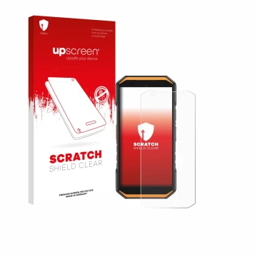Parte frontal de un envase de producto con el logotipo de la marca upscreen. Al lado se muestra el dispositivo Ulefone Armor X