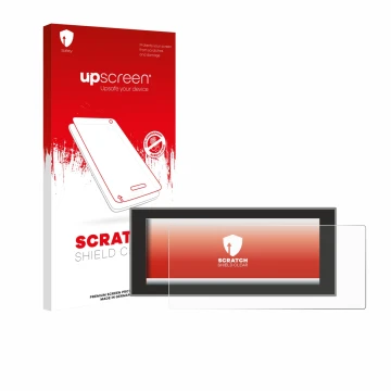 Parte frontal de un envase de producto con el logotipo de la marca upscreen. Al lado se muestra el dispositivo Land Rover Defe