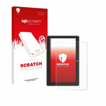 Parte frontal de un envase de producto con el logotipo de la marca upscreen. Al lado se muestra el dispositivo Lenovo Tab TB31