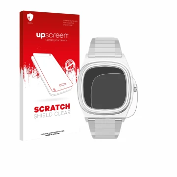 Parte frontal de un envase de producto con el logotipo de la marca upscreen. Al lado se muestra el dispositivo Timex Reissue 1