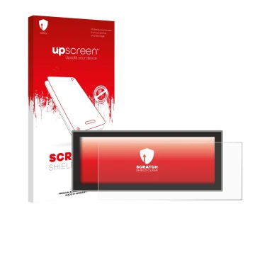 Parte frontal de un envase de producto con el logotipo de la marca upscreen. Al lado se muestra el dispositivo Peugeot Partner