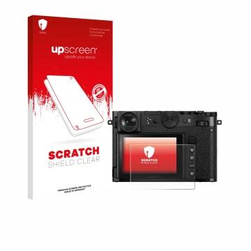 Parte frontal de un envase de producto con el logotipo de la marca upscreen. Al lado se muestra el dispositivo Fujifilm GFX 10