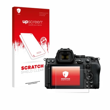 Parte frontal de un envase de producto con el logotipo de la marca upscreen. Al lado se muestra el dispositivo Nikon Z5 II con
