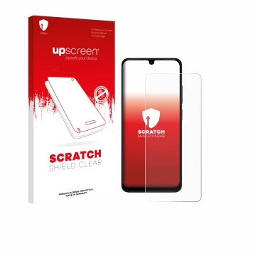Parte frontal de un envase de producto con el logotipo de la marca upscreen. Al lado se muestra el dispositivo Xiaomi Redmi A5