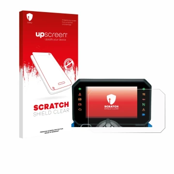 Parte frontal de un envase de producto con el logotipo de la marca upscreen. Al lado se muestra el dispositivo Suzuki GSX-8S 2
