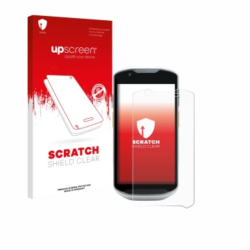 Parte frontal de un envase de producto con el logotipo de la marca upscreen. Al lado se muestra el dispositivo Zebra TC52x-HC 