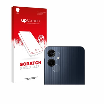 Parte frontal de un envase de producto con el logotipo de la marca upscreen. Al lado se muestra el dispositivo Samsung Galaxy 