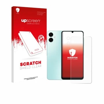 Parte frontal de un envase de producto con el logotipo de la marca upscreen. Al lado se muestra el dispositivo Samsung Galaxy 