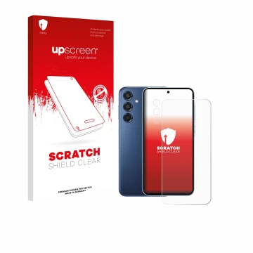 Parte frontal de un envase de producto con el logotipo de la marca upscreen. Al lado se muestra el dispositivo Samsung Galaxy 