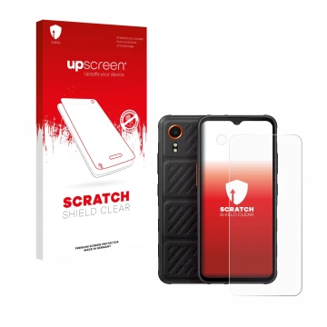 Parte frontal de un envase de producto con el logotipo de la marca upscreen. Al lado se muestra el dispositivo Samsung Galaxy 