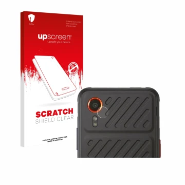 Parte frontal de un envase de producto con el logotipo de la marca upscreen. Al lado se muestra el dispositivo Samsung Galaxy 