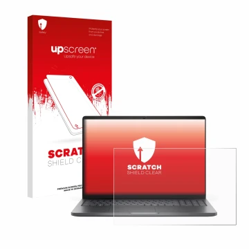 Parte frontal de un envase de producto con el logotipo de la marca upscreen. Al lado se muestra el dispositivo Dell Pro 16 PC1