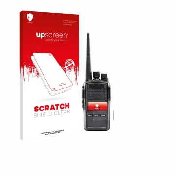 Parte frontal de un envase de producto con el logotipo de la marca upscreen. Al lado se muestra el dispositivo Midland G18 Pro
