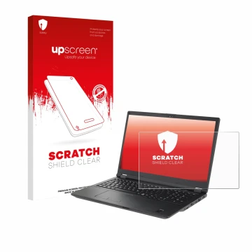 Parte frontal de un envase de producto con el logotipo de la marca upscreen. Al lado se muestra el dispositivo Fujitsu Lifeboo