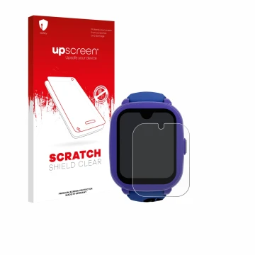 Parte frontal de un envase de producto con el logotipo de la marca upscreen. Al lado se muestra el dispositivo SaveFamily Icon
