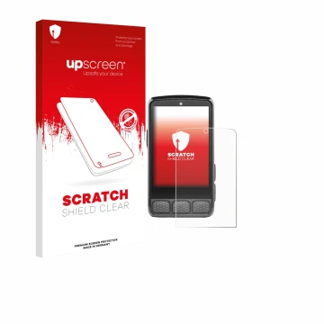 Parte frontal de un envase de producto con el logotipo de la marca upscreen. Al lado se muestra el dispositivo Wahoo Elemnt Ro