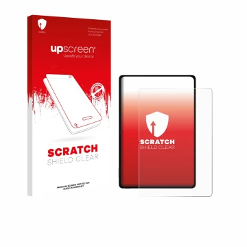 Parte frontal de un envase de producto con el logotipo de la marca upscreen. Al lado se muestra el dispositivo Honor Pad V9 co
