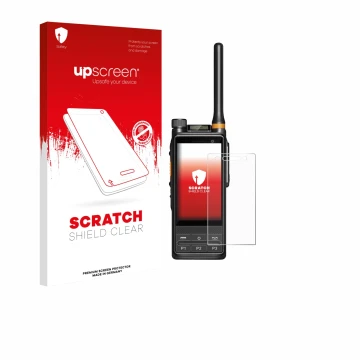 Parte frontal de un envase de producto con el logotipo de la marca upscreen. Al lado se muestra el dispositivo Hytera PDC680 c