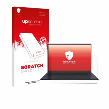 Parte frontal de un envase de producto con el logotipo de la marca upscreen. Al lado se muestra el dispositivo ASUS Vivobook 1