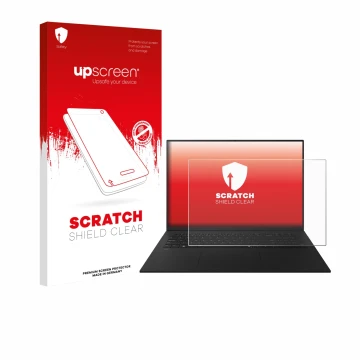 Parte frontal de un envase de producto con el logotipo de la marca upscreen. Al lado se muestra el dispositivo LG gram 17