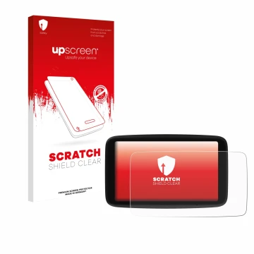 Parte frontal de un envase de producto con el logotipo de la marca upscreen. Al lado se muestra el dispositivo TomTom Go Navig