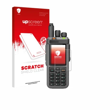 Parte frontal de un envase de producto con el logotipo de la marca upscreen. Al lado se muestra el dispositivo Radtel RT-880 c