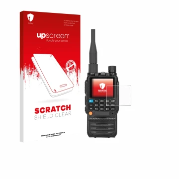 Parte frontal de un envase de producto con el logotipo de la marca upscreen. Al lado se muestra el dispositivo Tidradio TD-H3 