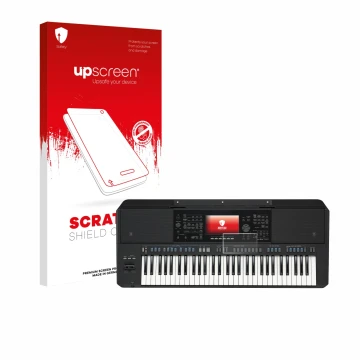 Parte frontal de un envase de producto con el logotipo de la marca upscreen. Al lado se muestra el dispositivo Yamaha PSR-SX72