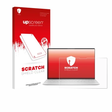 Parte frontal de un envase de producto con el logotipo de la marca upscreen. Al lado se muestra el dispositivo Dell XPS 13 935