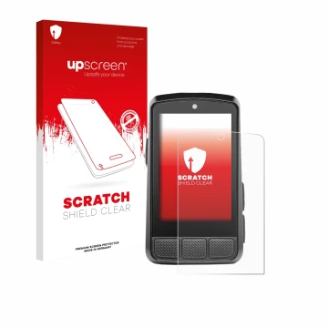 Parte frontal de un envase de producto con el logotipo de la marca upscreen. Al lado se muestra el dispositivo Wahoo Elemnt Bo