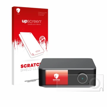 Parte frontal de un envase de producto con el logotipo de la marca upscreen. Al lado se muestra el dispositivo WiiM Ultra con 