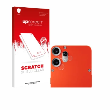 Parte frontal de un envase de producto con el logotipo de la marca upscreen. Al lado se muestra el dispositivo Nothing CMF Pho