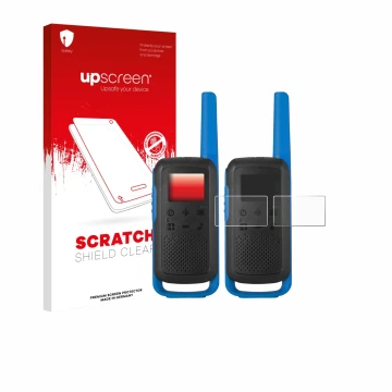 Parte frontal de un envase de producto con el logotipo de la marca upscreen. Al lado se muestra el dispositivo Motorola TALKAB