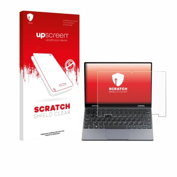 Parte frontal de un envase de producto con el logotipo de la marca upscreen. Al lado se muestra el dispositivo Chuwi MiniBook 