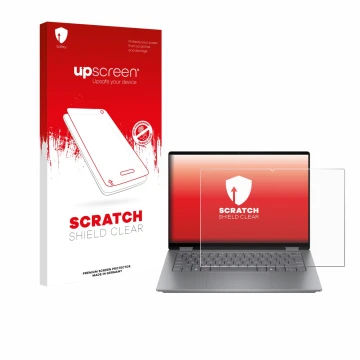 Parte frontal de un envase de producto con el logotipo de la marca upscreen. Al lado se muestra el dispositivo HP OmniBook X F