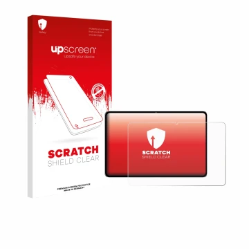 Parte frontal de un envase de producto con el logotipo de la marca upscreen. Al lado se muestra el dispositivo Nubia Pad Pro c