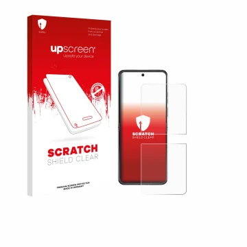 Parte frontal de un envase de producto con el logotipo de la marca upscreen. Al lado se muestra el dispositivo Motorola Razr 6