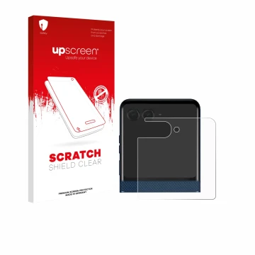 Parte frontal de un envase de producto con el logotipo de la marca upscreen. Al lado se muestra el dispositivo Motorola Razr 6