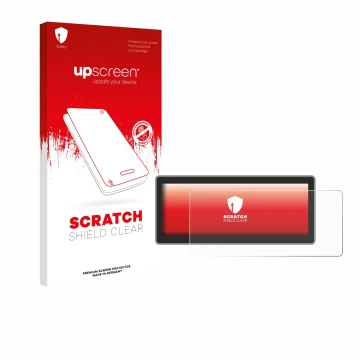 Parte frontal de un envase de producto con el logotipo de la marca upscreen. Al lado se muestra el dispositivo RSNAV Series 5 