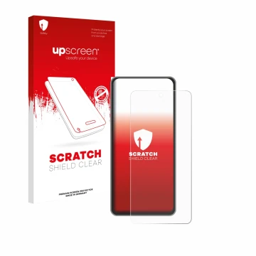 Parte frontal de un envase de producto con el logotipo de la marca upscreen. Al lado se muestra el dispositivo realme GT 7T co