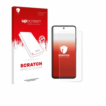 Parte frontal de un envase de producto con el logotipo de la marca upscreen. Al lado se muestra el dispositivo TCL 60 5G con s