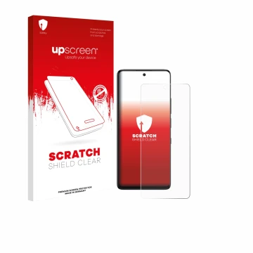 Parte frontal de un envase de producto con el logotipo de la marca upscreen. Al lado se muestra el dispositivo TCL 60 NxtPaper