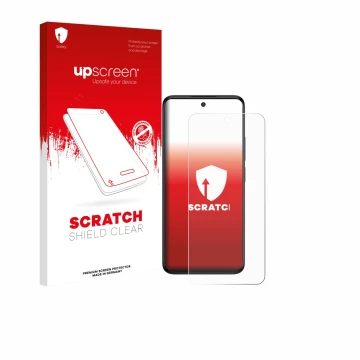 Parte frontal de un envase de producto con el logotipo de la marca upscreen. Al lado se muestra el dispositivo TCL SE NxtPaper